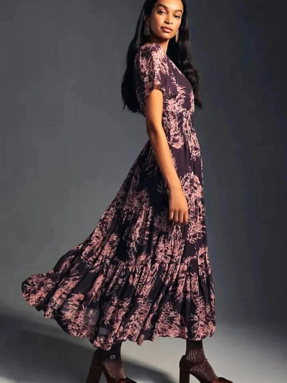 Anthropologie Somerset Floral Chiffon Midi Dress in Purple & Pink Size Small